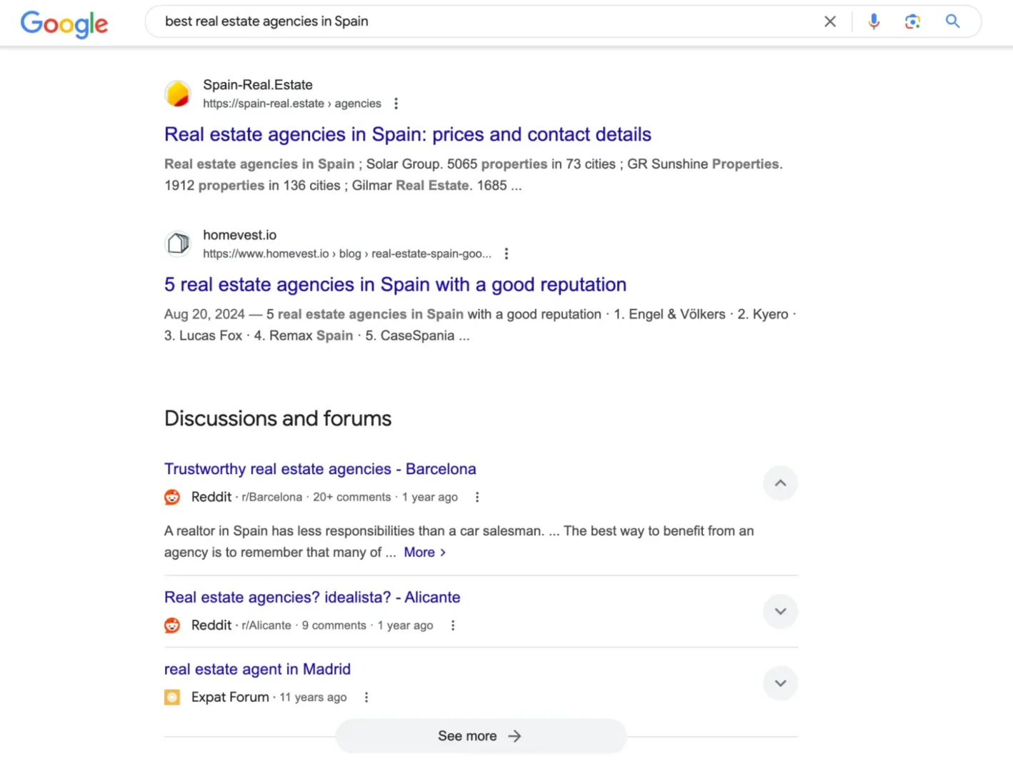 keyword intent; top pages ranking in google for the phrase “best real estate agencies in spain”