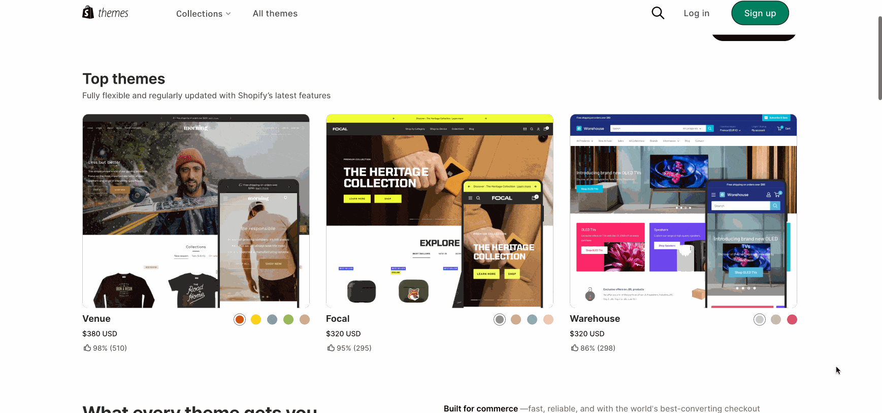 animated gif of shopify landing page for its website themes.