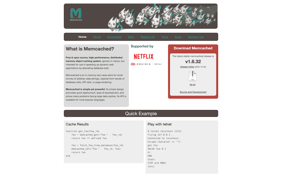 The Memcached project home page showing a distinctive header with cartoon-style bunny characters in white with turquoise accents. The main content explains Memcached as a free, open-source, distributed memory caching system. The page includes a Quick Example section with code samples, a Play with telnet demonstration, and a Supported By section.