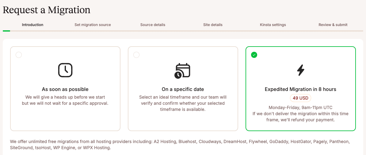 Kinsta's site migration options from other hosts.