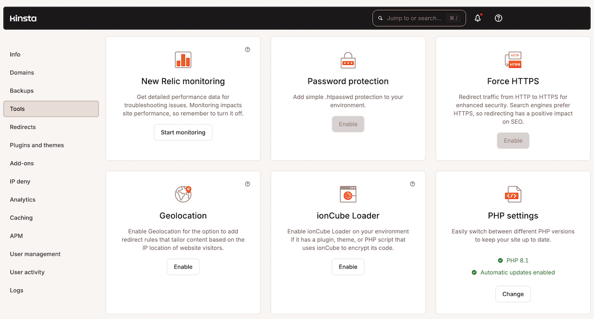 The MyKinsta control panel showing six feature cards in a grid layout. The top row shows New Relic monitoring, Password protection, and Force HTTPS options. The bottom row displays Geolocation, ionCube Loader, and PHP settings features.