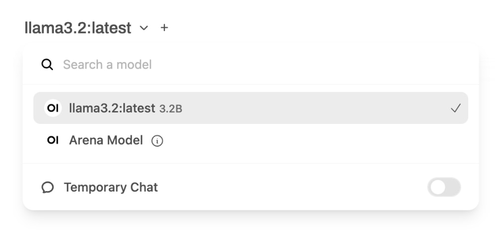 Open WebUI model selection dropdown menu