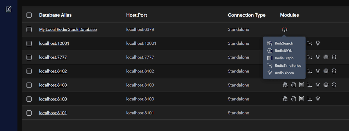 The dark-themed Redis Insight database management interface lists multiple Redis stack instances running on different localhost ports (6379, 12001, 7777, 8102, 8103, 8100, and 8101). Each instance is marked as Standalone and includes various Redis modules such a RedisSearch, RedisJSON, RedisGraph, RedisTimeSeries, and RedisBloom.