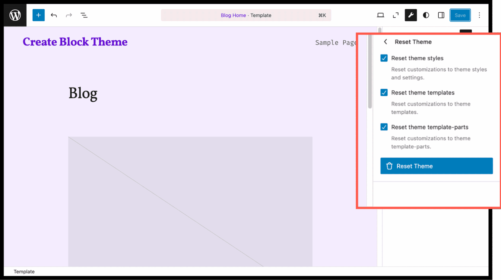 The Reset options provided by the plugin