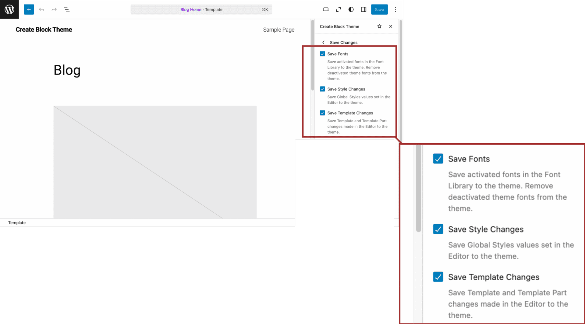 Options to save changes to a theme