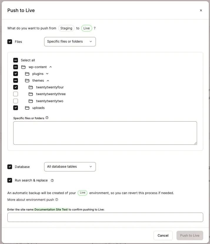 Selective push from staging to live environment.