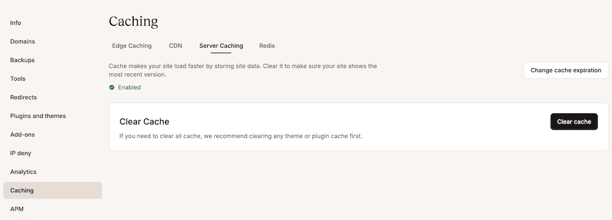 The Server Caching settings page within the MyKinsta dashboard. It includes tabs for Edge Caching, CDN, Server Caching, and Redis. The interface explains that cache improves site load times by storing site data and includes options to clear the cache or change cache expiration settings. A left-hand sidebar provides navigation to other settings such as Domains, Backups, and Tools.