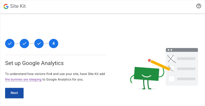 Setting up Google Analytics in Site Kit is part of its setup wizard