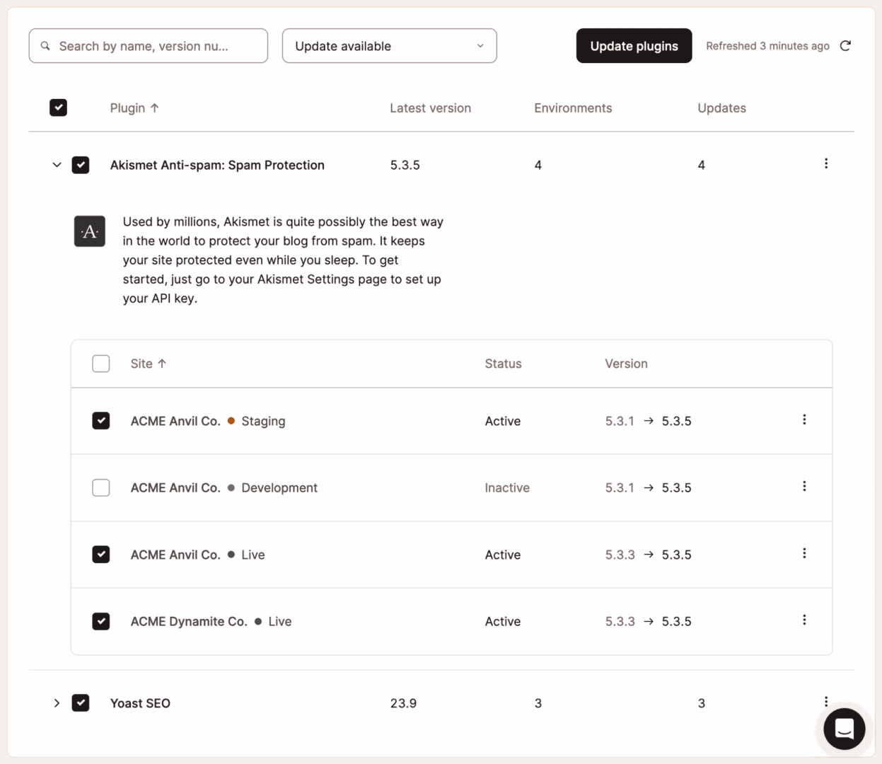 Update plugins and themes across multiple WordPress sites in MyKinsta.