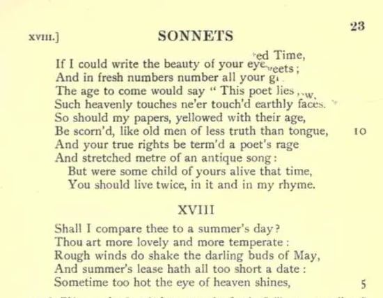 Picture of Shakespeare's Sonnet 18, a principal inspiration for Valentine's Day 