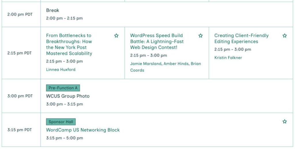 An event calendar showing a dedicated networking session at WordCamp US 2024.