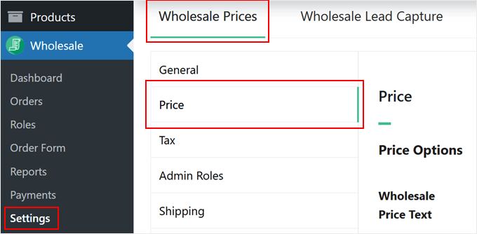 The Price settings for Wholesale Suite