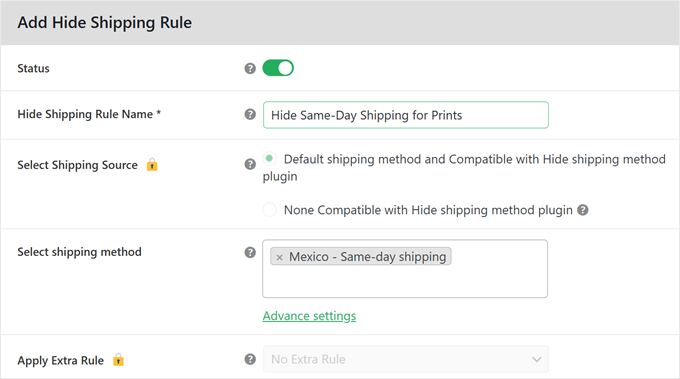 Configuring the custom rules for hiding shipping options