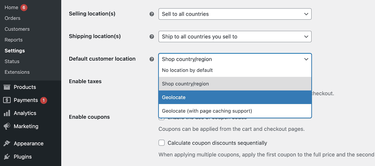 The WooCommerce Settings page showing location and tax configuration options. There's an expanded drop-down menu for the default customer location, which displays four options: No location by default, Shop country/region, Geolocate, and Geolocate (with page caching support). The page also includes settings for selling locations, shipping locations, tax enablement, and coupon management.