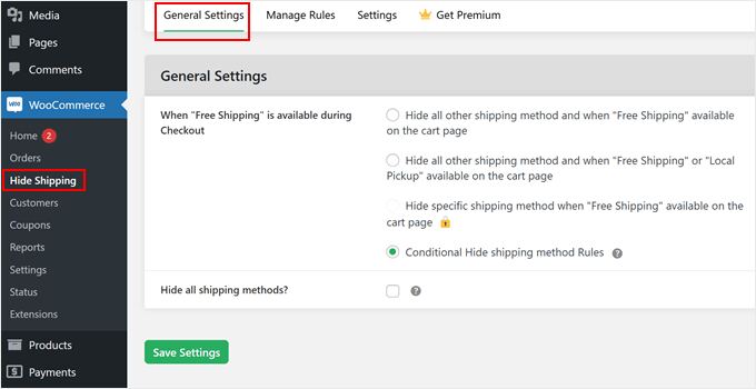 Hide Shipping for WooCommerce general settings