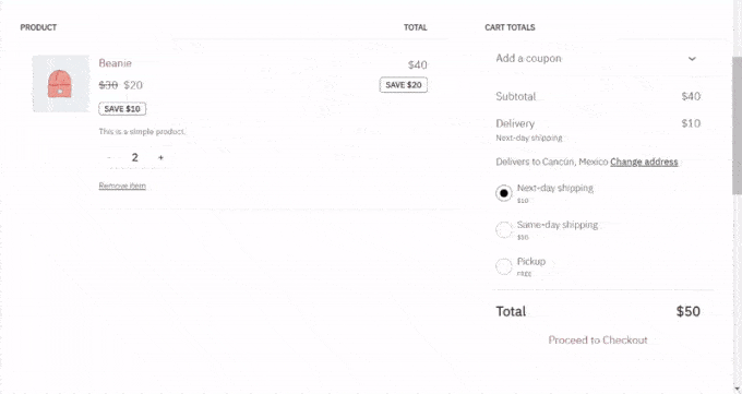 Example of the free shipping option appearing in WooCommerce