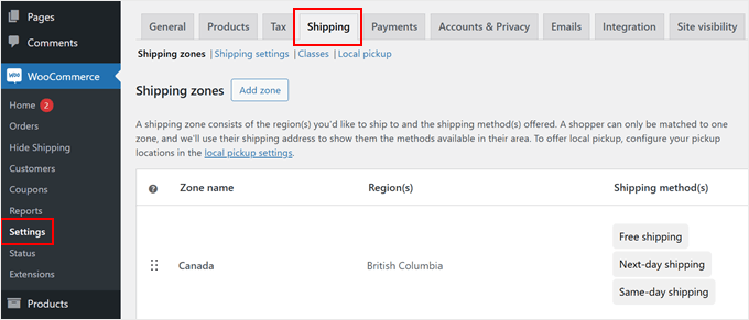 Configuring WooCommerce shipping settings