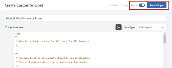 Creating a custom code to hide WooCommerce prices for all users in WPCode