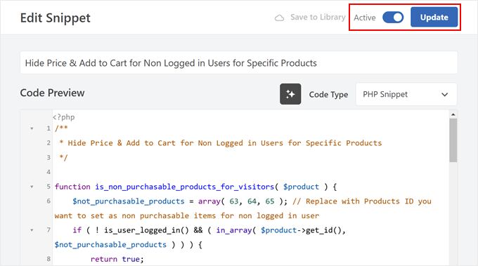 Adding premade code snippet to hide WooCommerce prices with WPCode