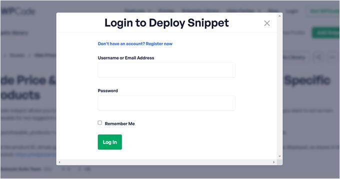 Logging in to deploy a WPCode code snippet