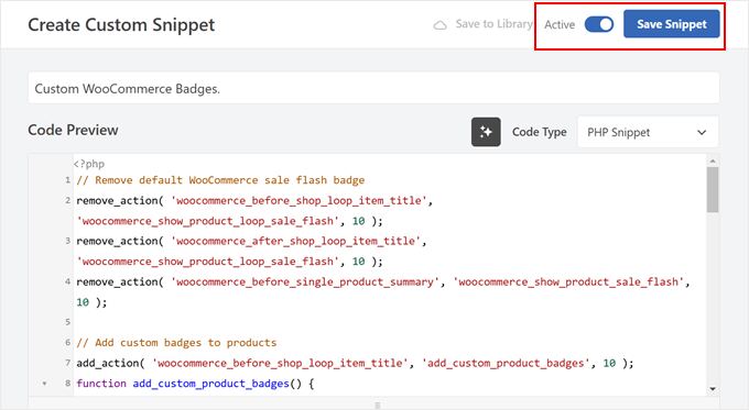 WPCode custom snippet for displaying WooCommerce product badges