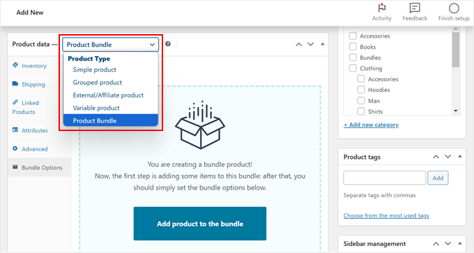 Choosing the YITH product bundle type