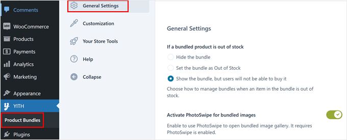 Choosing whether to hide out-of-stock product bundles in the YITH plugin