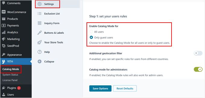 Enabling the catalog mode with YITH plugin
