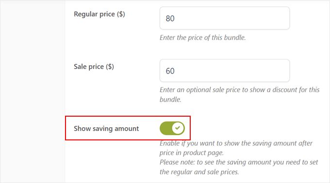 Showing the discount saving amount for the product bundle with the YITH plugin