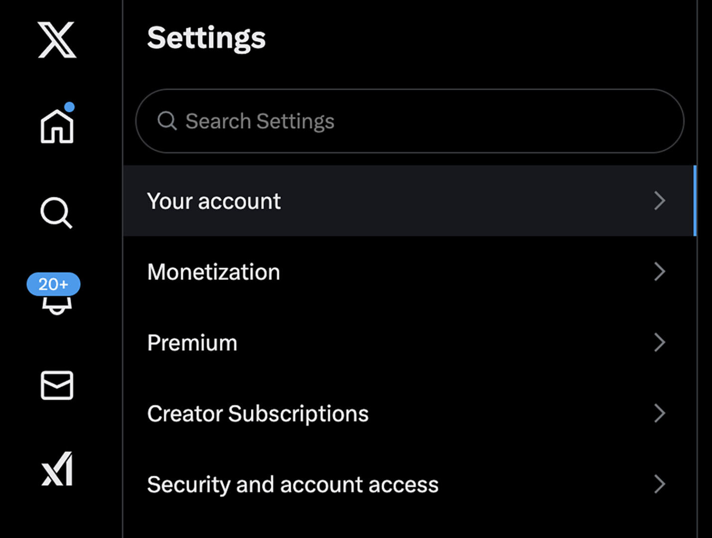 Your account section in X settings menu