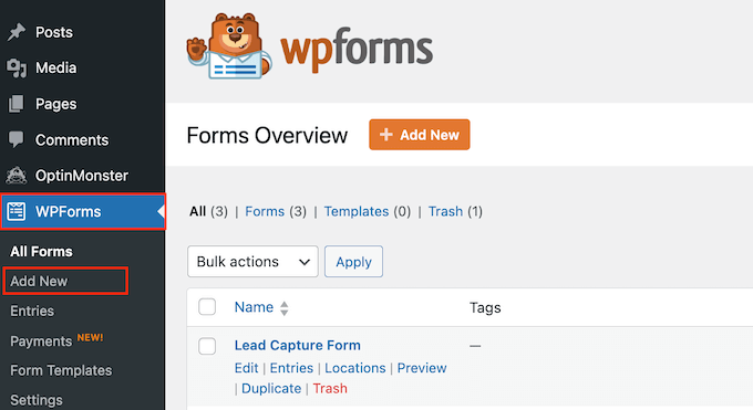 Creating a new form in WordPress