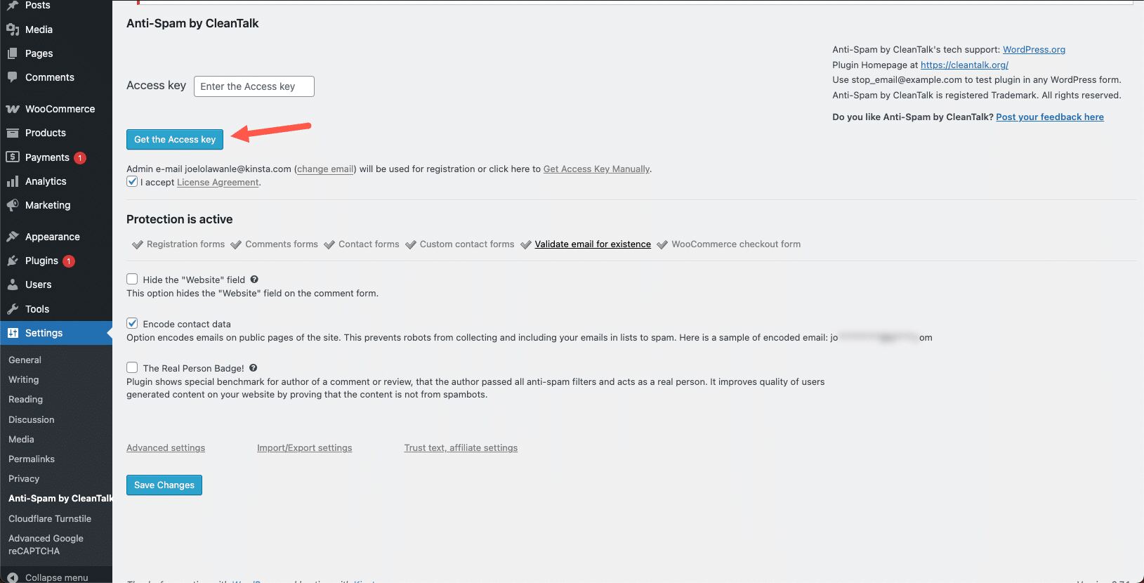 Entering the CleanTalk Access Key to activate spam protection.