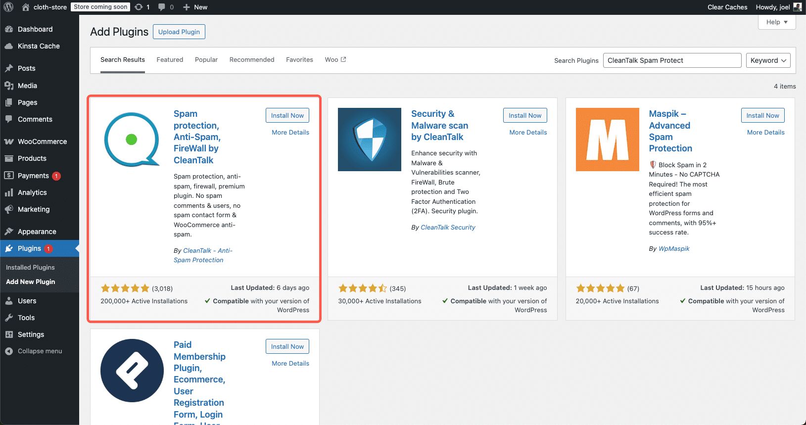 Installing and setting up CleanTalk Spam Protect for WooCommerce.