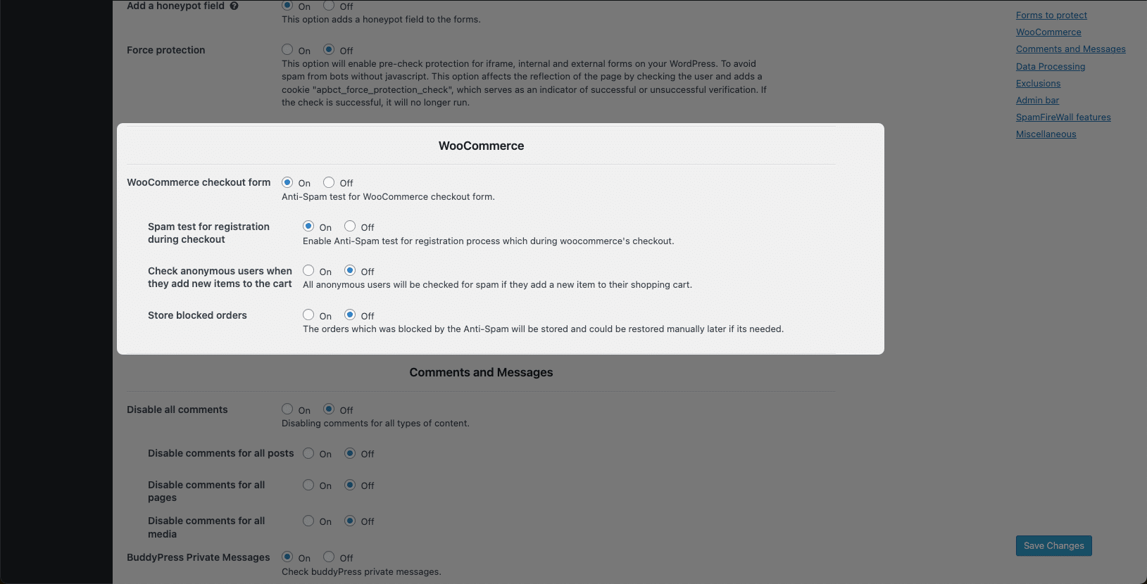 Configuring CleanTalk settings for WooCommerce spam protection.
