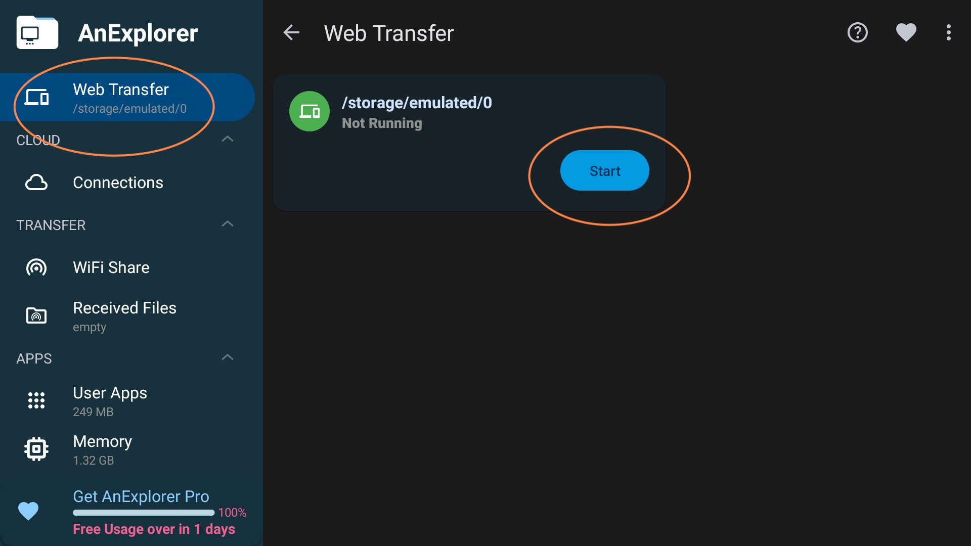 Start Web Transfer option in AnExplorer