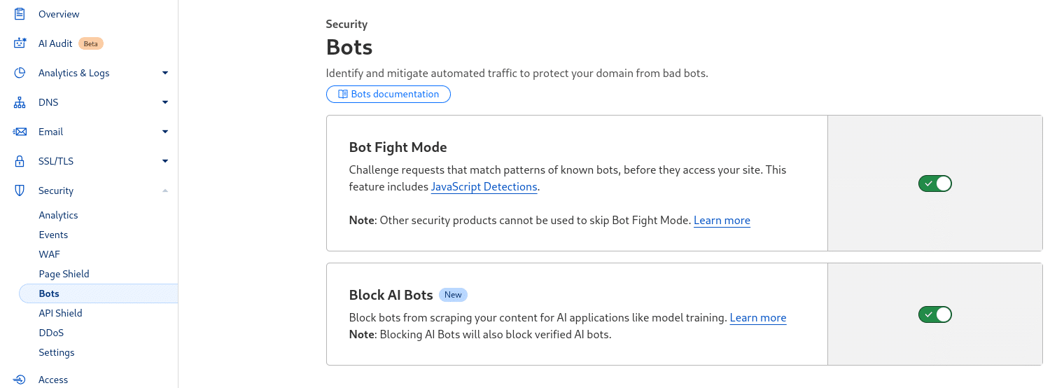 Enabling Cloudflare Bot Fight Mode to block malicious bots.