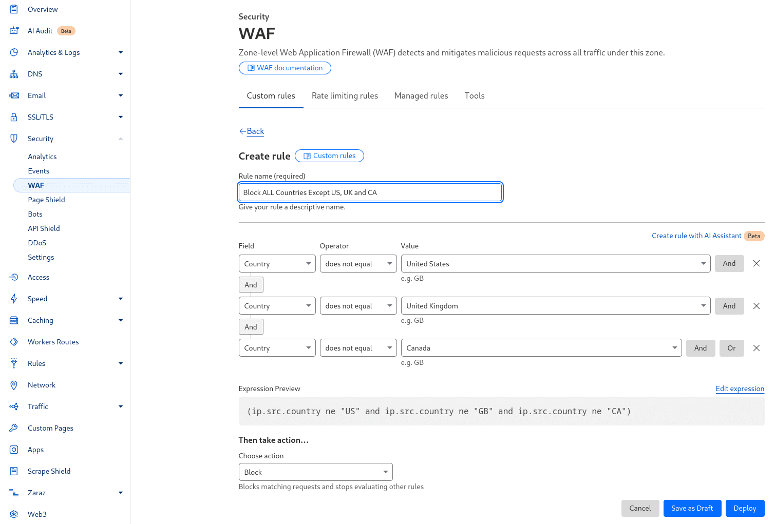 Blocking high-risk countries in Cloudflare WAF settings.