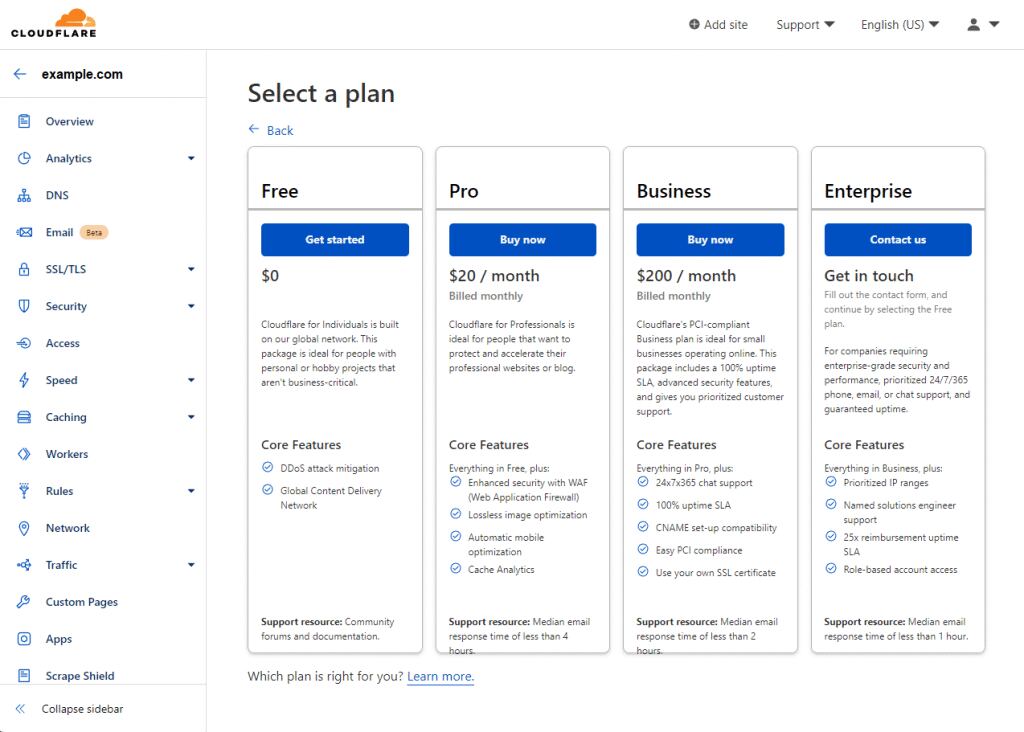 Selecting Cloudflare’s free plan for basic security and bot protection.