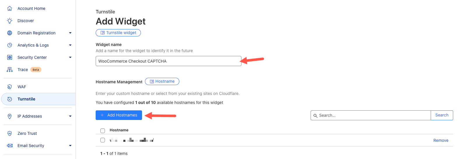 Naming the Cloudflare Turnstile widget and adding your domain.