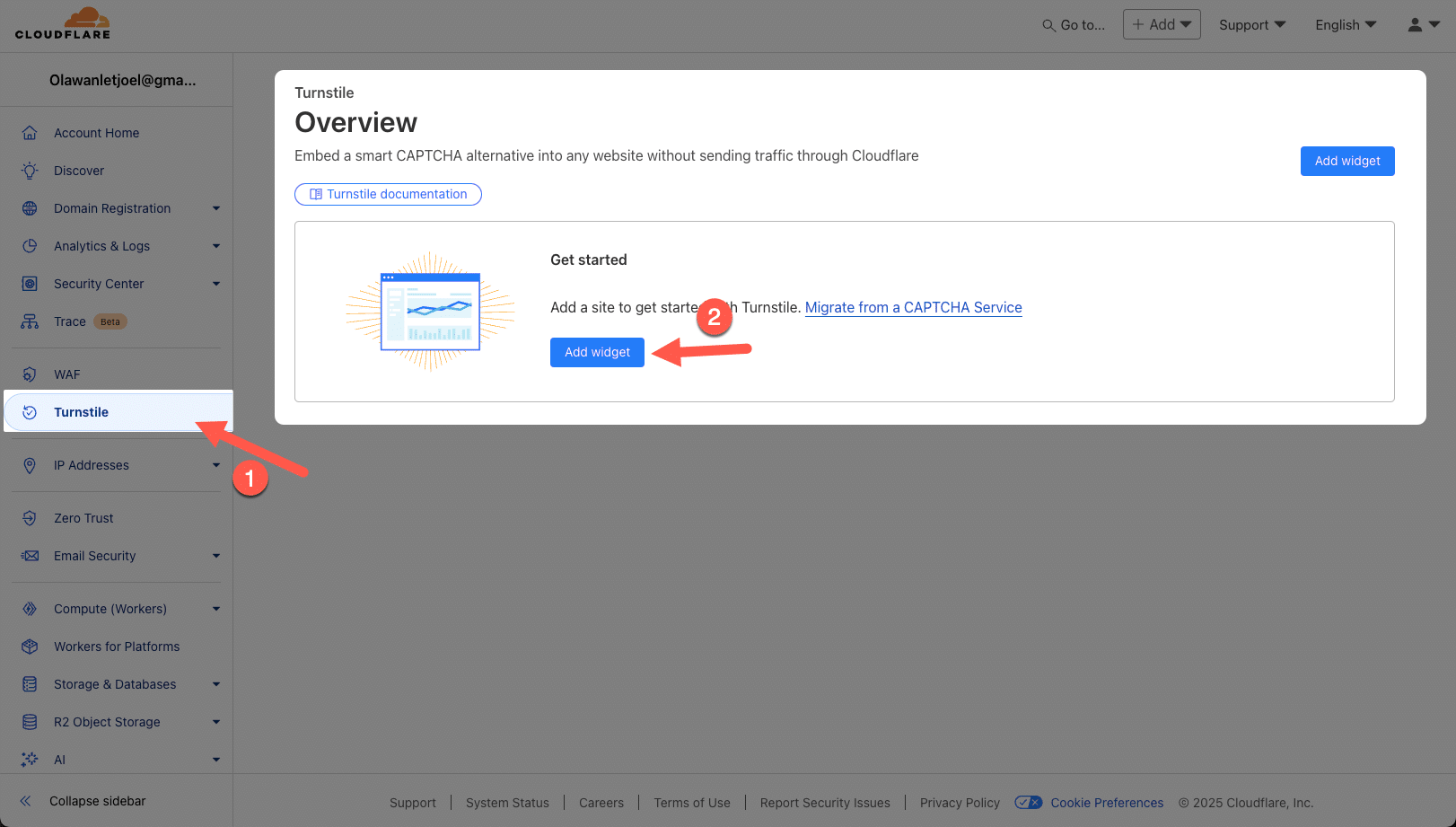 Creating a Cloudflare Turnstile widget for WooCommerce security.