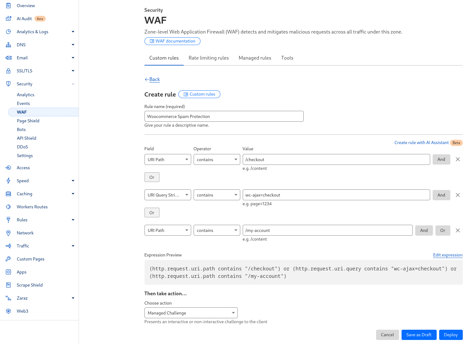 Creating a Cloudflare WAF rule to protect WooCommerce checkout.