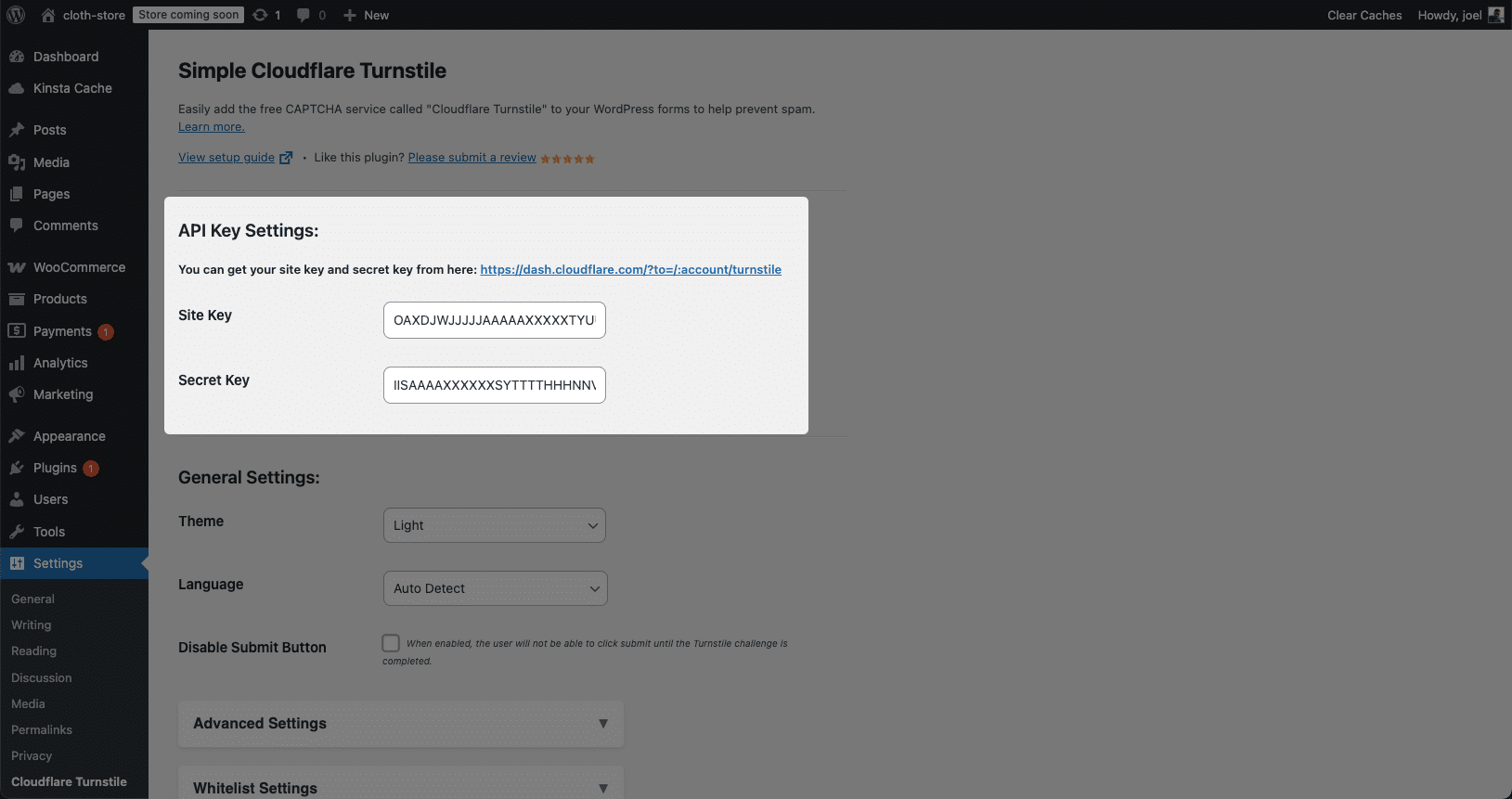 Configuring the Cloudflare Turnstile plugin in WordPress.
