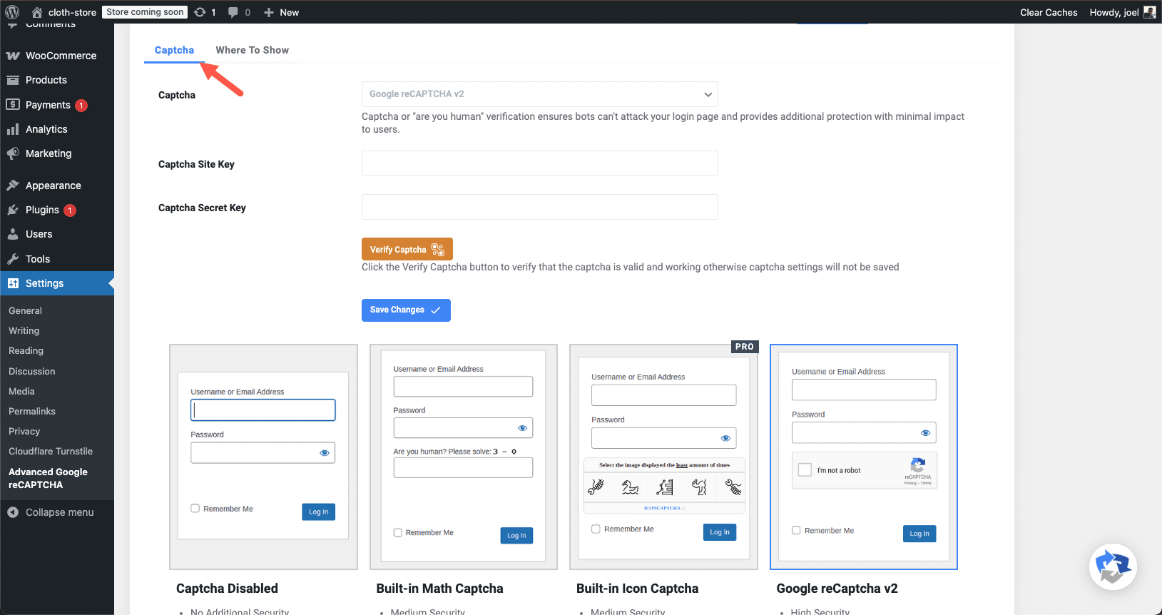 Configuring Advanced Google reCAPTCHA in WordPress.