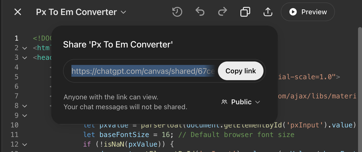 Sharing options in ChatGPT Canvas mode