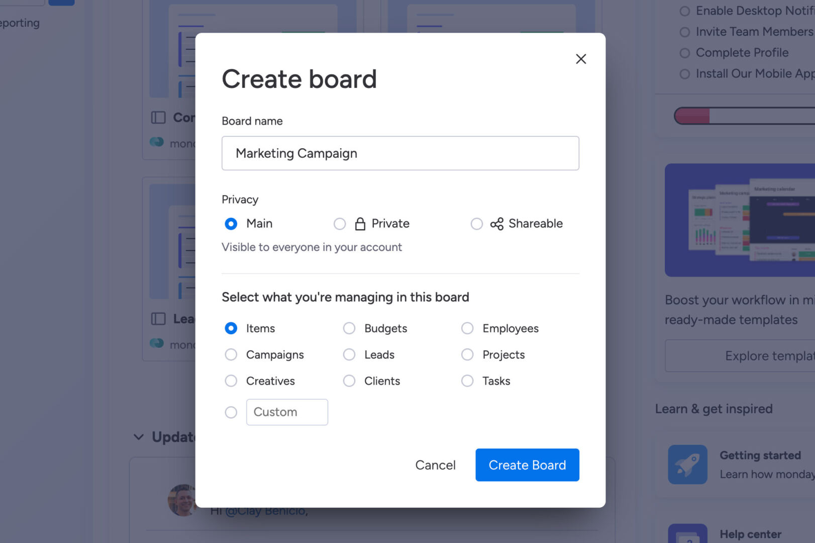 Create board button in Monday.com