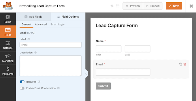 Creating a lead generation form using a drag and drop editor