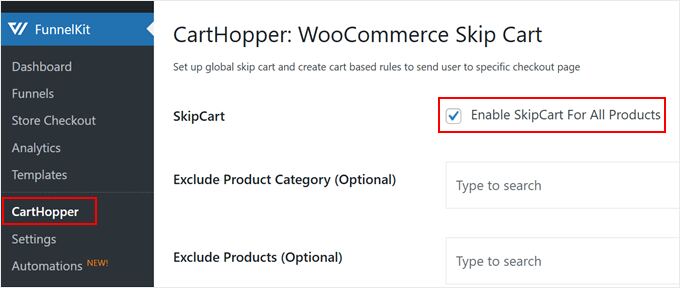 Enabling SkipCart in FunnelKit for WooCommerce