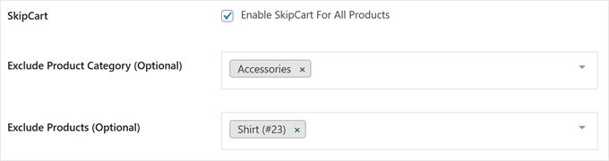 Excluding products from SkipCart