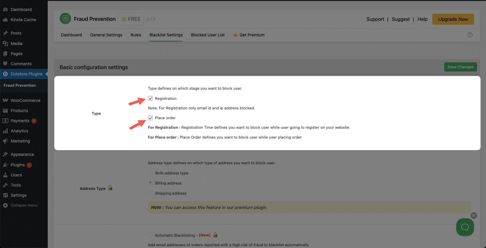 Setting up blacklist rules in Fraud Prevention for WooCommerce.