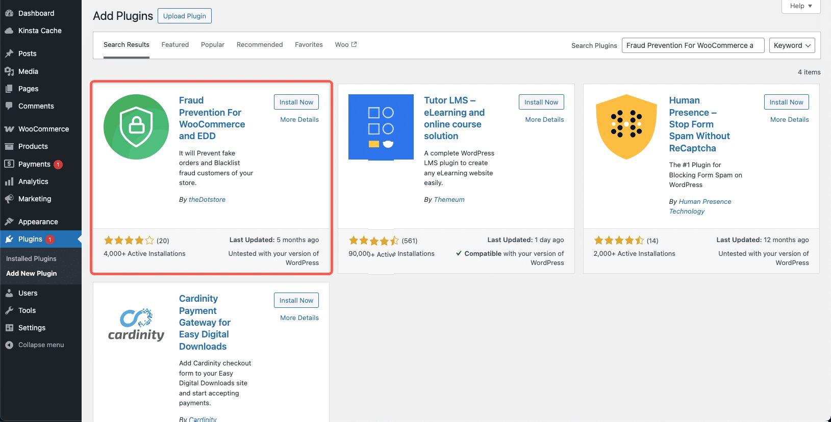 Installing the Fraud Prevention for WooCommerce plugin.